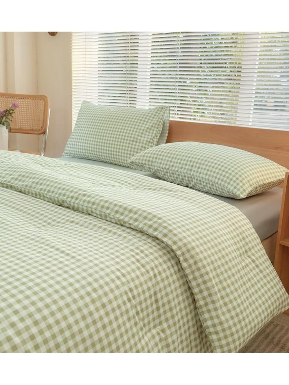 Comforter Set, Sage Green Gingham, Queen Size, 3 Pieces
